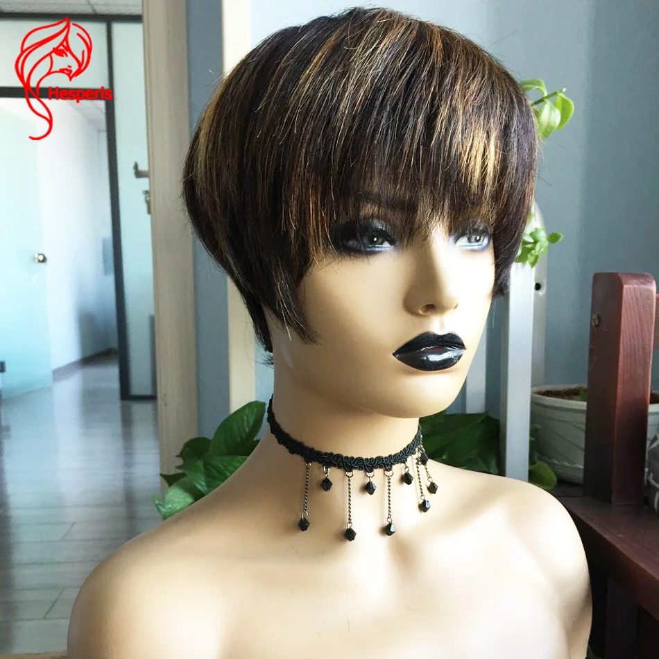 

Hesperis Short Bob Pixie Cut Human Hair Wigs With Bang Blonde Highlight Full Machine Made Wigs For Black Women Brazilian Remy