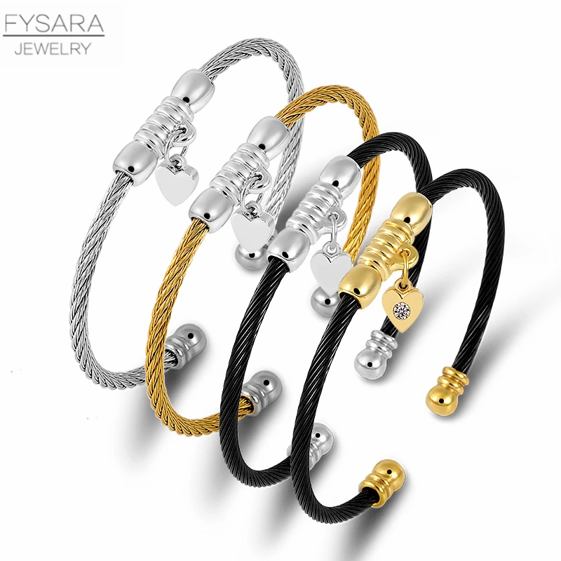 FYSARA Stainless Steel Cable Wire Thin Bracelets Bangles With Heart Charm Pulserias For Women Vintage Jewelry Gold | Украшения и