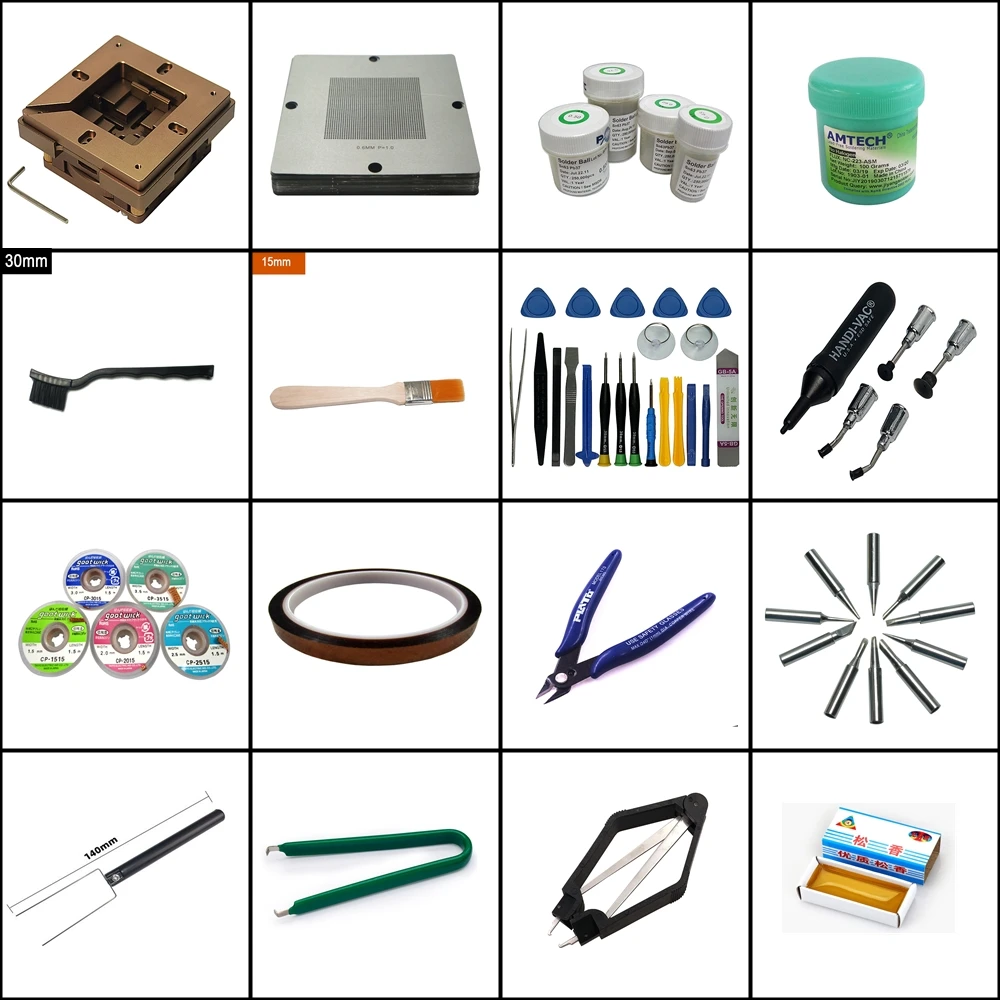 80MM 90MM Universal BGA Reballing Rotary Jig 341pcs Stencil 25K Lead Solder Ball Flux Paste Anti-Static Brush FFQ-939 Vacuum Pen
80MM 90MM Universal BGA Reballing Rotary Jig 341pcs Stencil 25K Lead Solder Ball Flux Paste Anti-Static Brush FFQ-939 Vacuum Pen