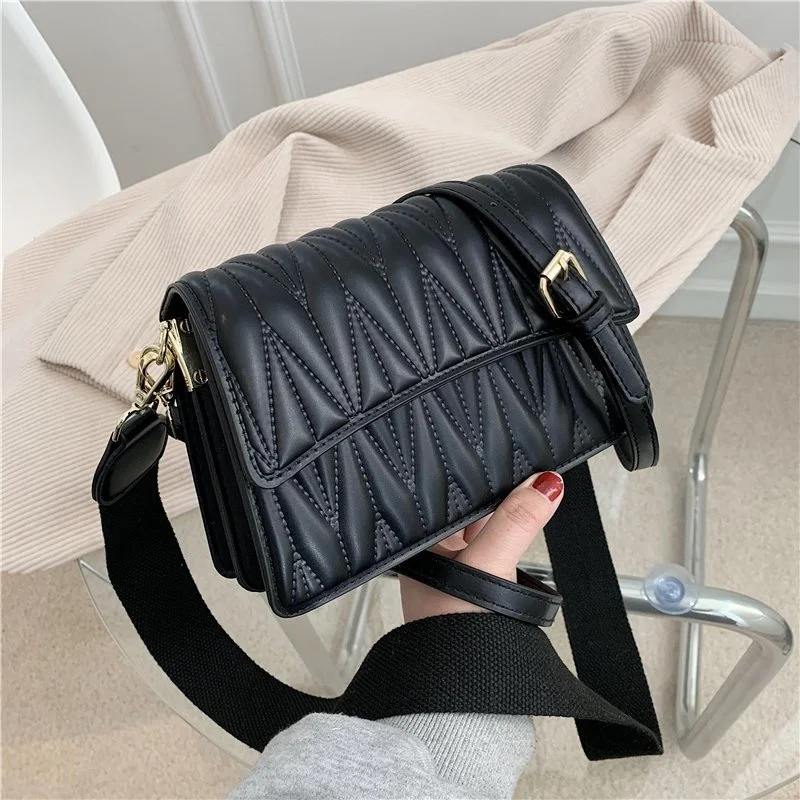

Luxury Women Shoulder Bag Quilted Design Satchel Women Cross-body Bag Wide Strap Messenger Bag Square Flap Ladys Handbag