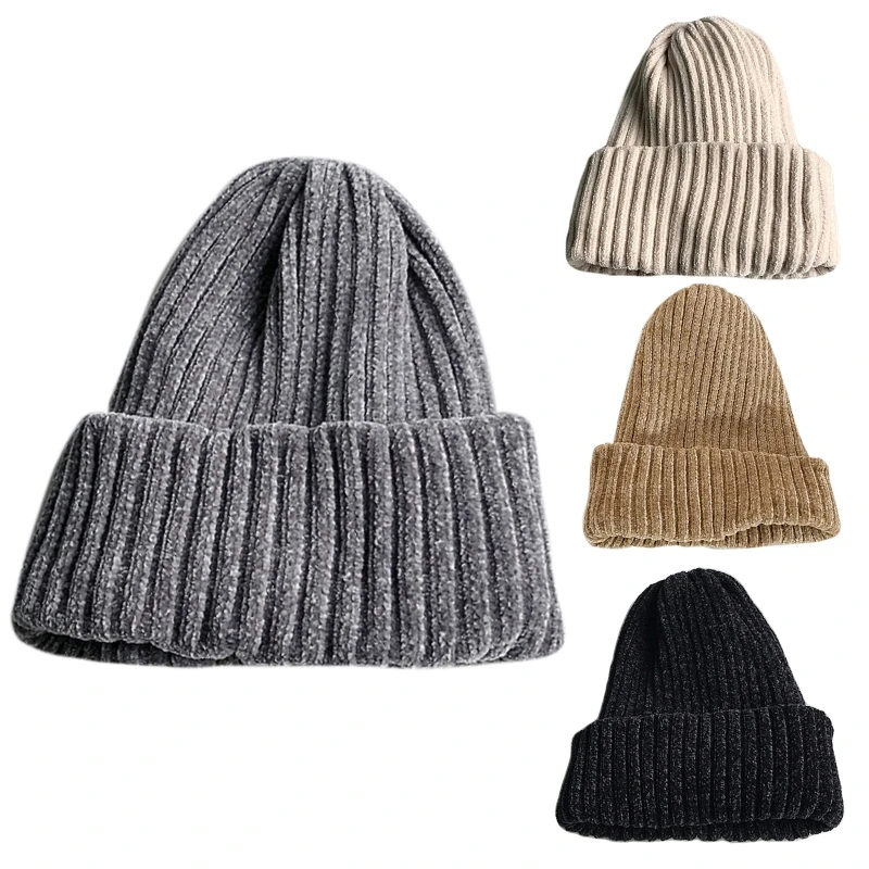 

Women Winter Double Layer Thicken Chenille Velvet Beanie Hat Ribbed Knitted Simple Solid Color Warm Cuffed Skull Cap