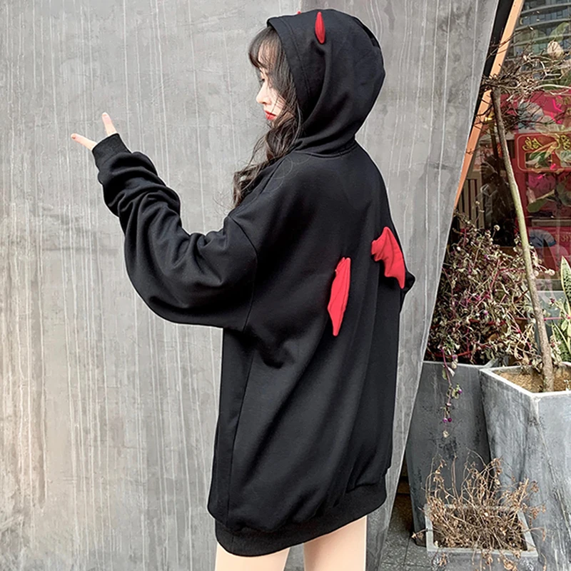 Черный Harajuku женские толстовки с капюшоном осень 2019 в стиле готик-панк