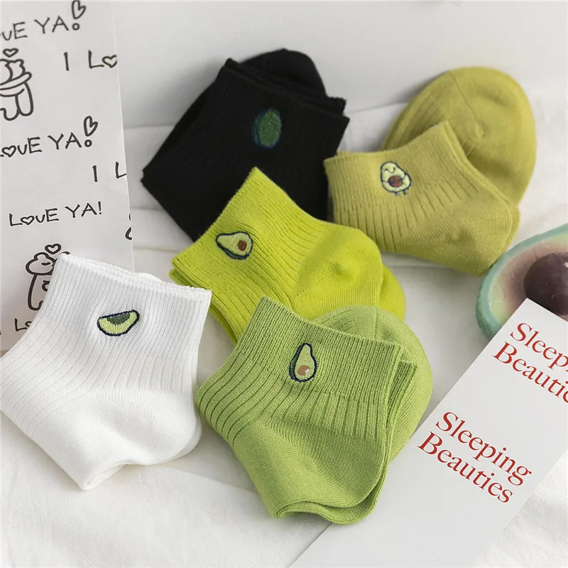 

Women Solid Avocado Green Embroidery Socks Casual Joker Cotton Short Socks For Ladies Concise College Style Breathable Sox 35-38