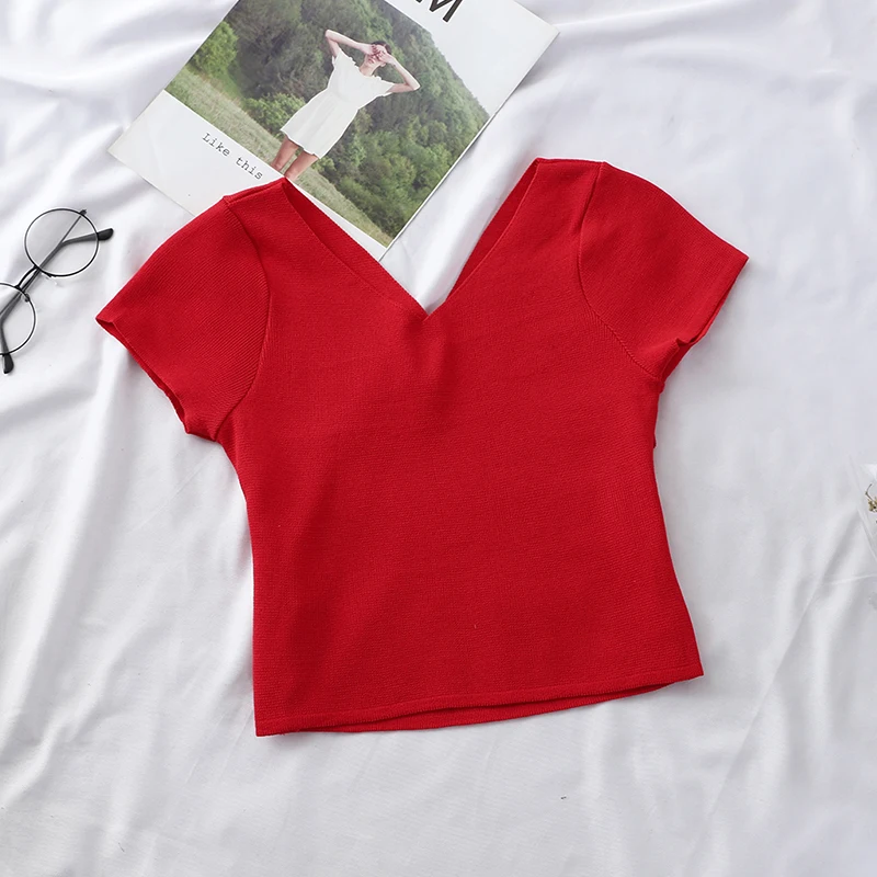 Sexy Women's V-Neck T-Shirt Short Sleeve Solid Color Crop Top Clubwear Top Summer Slim Short T-Shirt For Womens
Sexy Women's V-Neck T-Shirt Short Sleeve Solid Color Crop Top Clubwear Top Summer Slim Short T-Shirt For Womens