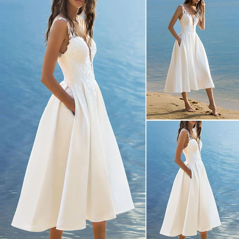 Nice Elegant White Lace Spaghetti Strap Midi Dress Nice Summer Sexy Sleeveless V Neck Beach Dresses Women Party Vestidos Female 
Nice Elegant White Lace Spaghetti Strap Midi Dress Nice Summer Sexy Sleeveless V Neck Beach Dresses Women Party Vestidos Female