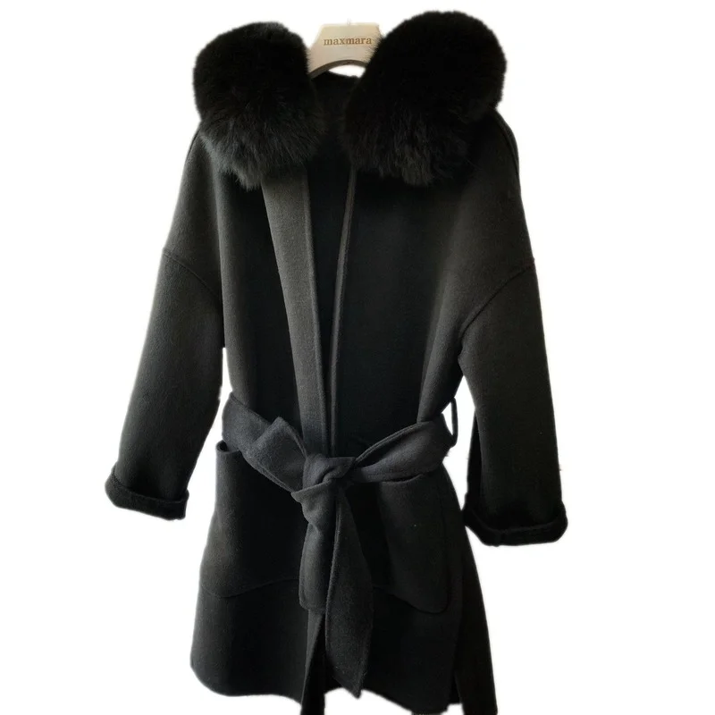 

2021 Winter High Quality 100% Real Cashmere Woolen Coat Female With Fox Fur Hoodie Coats Thick Loose Parkas Abrigos Para Mujer