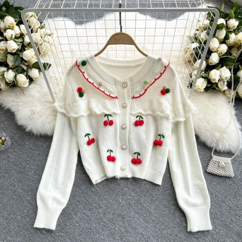 Sweet Strawberry Decoration Sweater Cardigan for Women New Spring Autumn Hollow Out Long Sleeve Pearl Buttons Short Sweater Top
Sweet Strawberry Decoration Sweater Cardigan for Women New Spring Autumn Hollow Out Long Sleeve Pearl Buttons Short Sweater Top