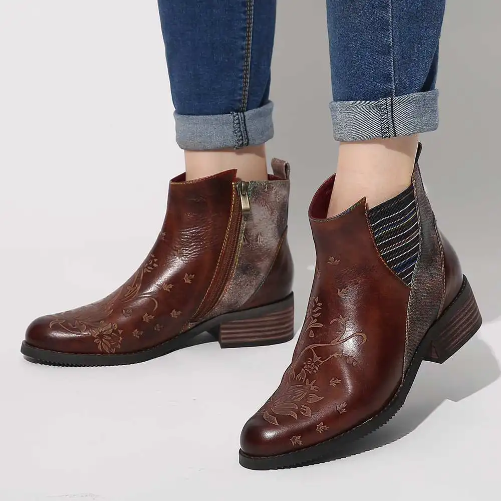 SOCOFY Retro Flower Boots Pattern Stitching Ladies Shoes Genuine Leather Elastic Band Zipper Ankle Boots Boots Women Shoes
SOCOFY Retro Flower Boots Pattern Stitching Ladies Shoes Genuine Leather Elastic Band Zipper Ankle Boots Boots Women Shoes