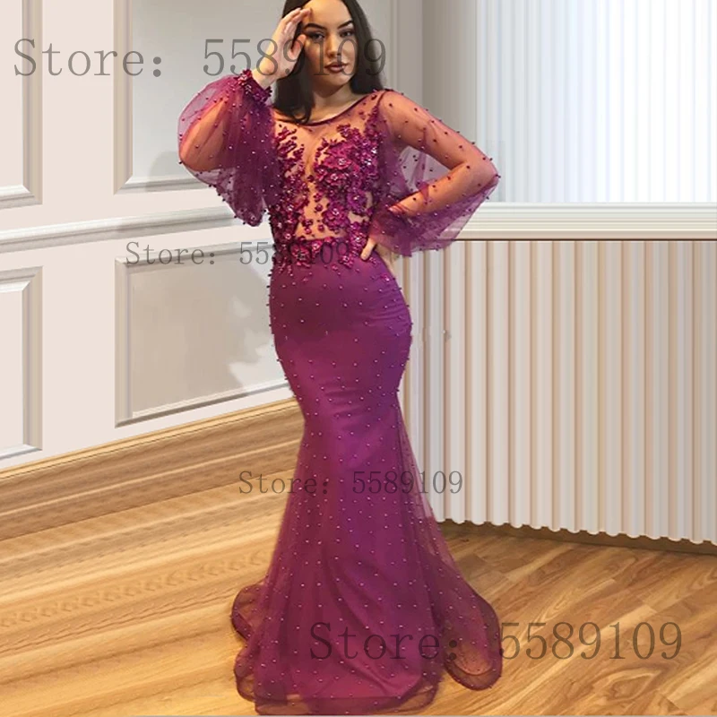 Long Pearls Evening Dresses Prom Scoop Puff Sleeves Muslim Arabic Special Occasion Robe De Soiree Plus