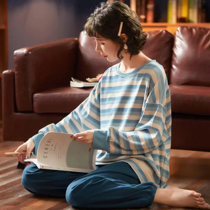 Pajamas Women's Fashion All-Match Round Neck Long Sleeve Striped Loose Autumn Home Wear Pajamas 2 
Pajamas Women's Fashion All-Match Round Neck Long Sleeve Striped Loose Autumn Home Wear Pajamas 2