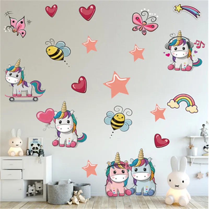 

Cartoon Bee Unicorn Wall Stickers Cute Animals Horse Wall Decals For Kids Girls Room Poster Wallpaper Baby Bedroom Sticker Mural