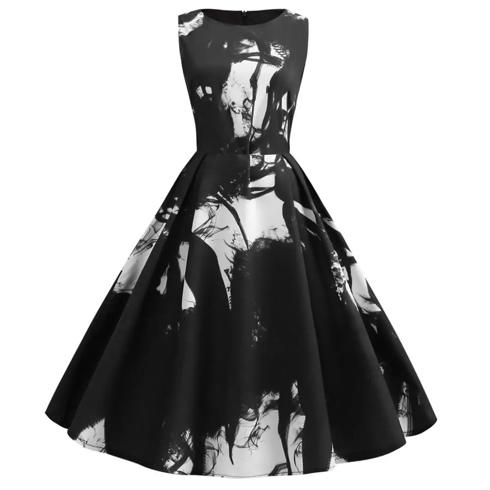 Women Elegant Dresses Black White Printing Colorful Printing Office Lady Sleeveless O-neck Vintage Robe Femme Party Sundress
Women Elegant Dresses Black White Printing Colorful Printing Office Lady Sleeveless O-neck Vintage Robe Femme Party Sundress