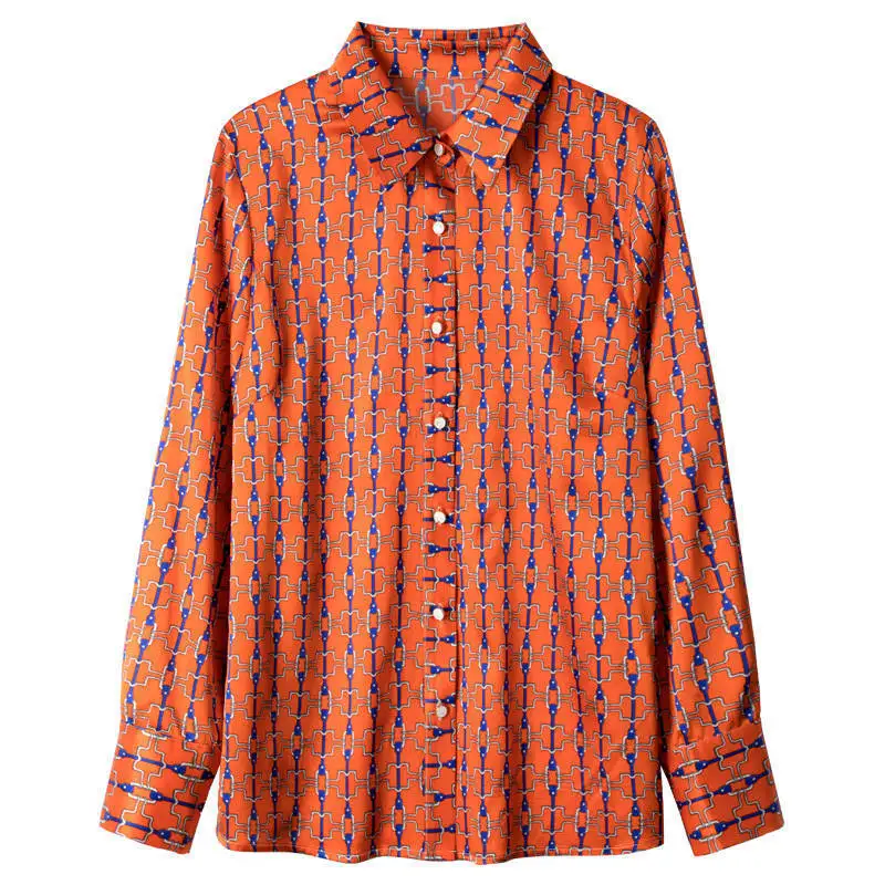 Heavy Real Mulberry Silk Shirt Women's Orange Chain Print Top 2021 Spring New Satin Silk Long Sleeve Blouse
Heavy Real Mulberry Silk Shirt Women's Orange Chain Print Top 2021 Spring New Satin Silk Long Sleeve Blouse