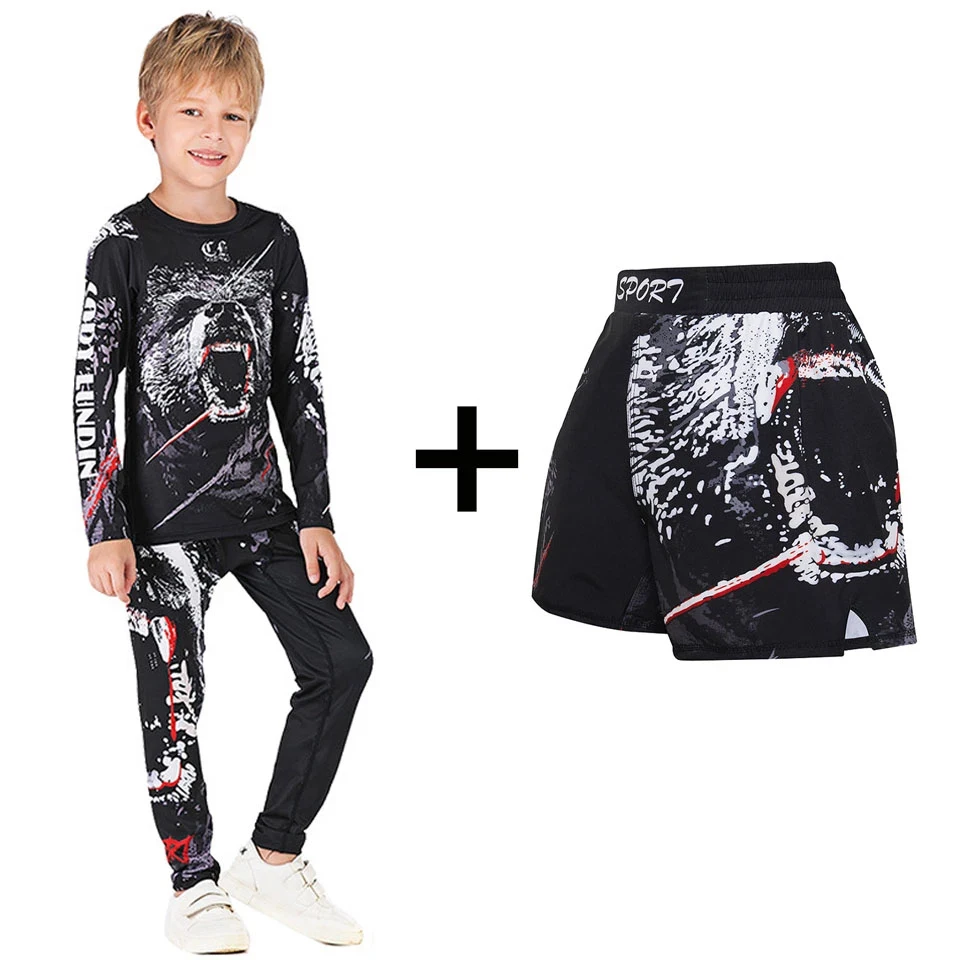 Детские Компрессионные спортивные костюмы MMA Rashguard BJJ GI футболка + штаны Jiu Jusit
