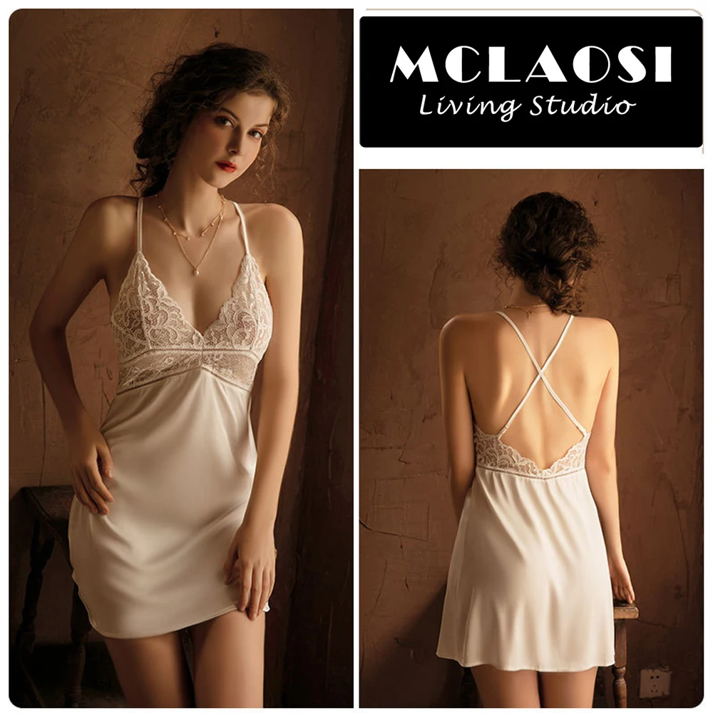 MCLAOSI Spring Summer New Womens Pajamas Set Artificial Silk Stitching Lace Sexy Deep V Neck Slip Nightdress Home Wear Sleepwear
MCLAOSI Spring Summer New Womens Pajamas Set Artificial Silk Stitching Lace Sexy Deep V Neck Slip Nightdress Home Wear Sleepwear