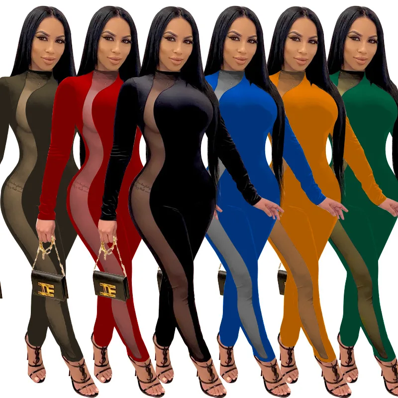 Velvet Jumpsuit Women Sexy Sheer Mesh Patchwork See Through Long Sleeve Leggings Bodycon Club Party Rompers Womens Jumpsuit 
Velvet Jumpsuit Women Sexy Sheer Mesh Patchwork See Through Long Sleeve Leggings Bodycon Club Party Rompers Womens Jumpsuit