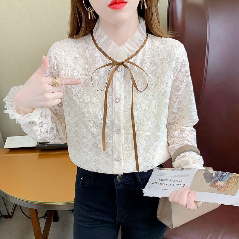 Chiffon Loose Women's Shirts New Fashion Blouses Lace Bow Tie Shirt Casual Long Sleeve Blusas Autumn Houthion
Chiffon Loose Women's Shirts New Fashion Blouses Lace Bow Tie Shirt Casual Long Sleeve Blusas Autumn Houthion