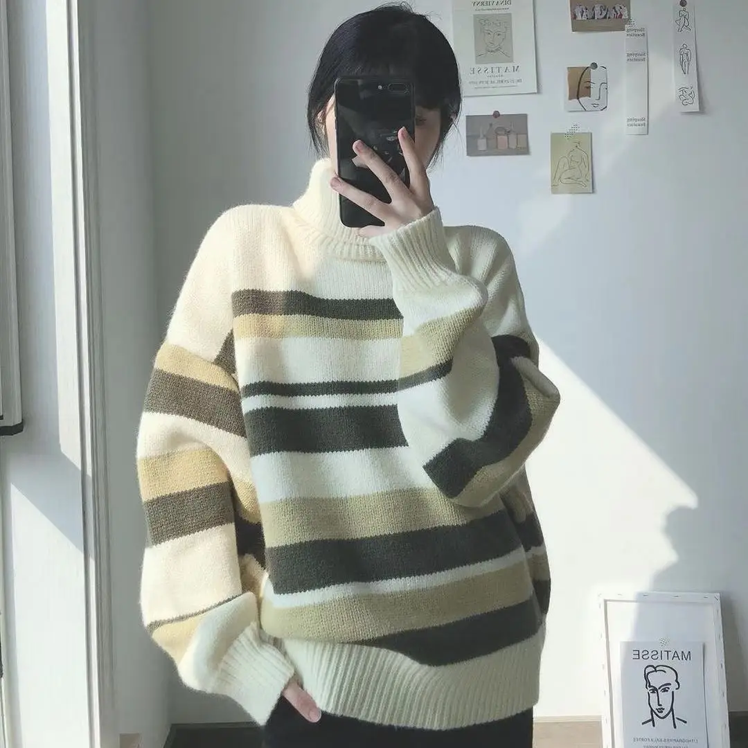 Woman Sweaters Autumn and Winter Turtleneck Striped Loose Sweater Women's Pullover Sweater Coat Femme Chandails Pull Hiver
Woman Sweaters Autumn and Winter Turtleneck Striped Loose Sweater Women's Pullover Sweater Coat Femme Chandails Pull Hiver