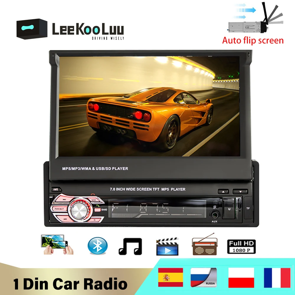 

LeeKooLuu Car Radio 1 din 7" Auto Retractable Screen Autoradio Bluetooth Video Multimedia Player AUX USB TF MirrorLink no DVD