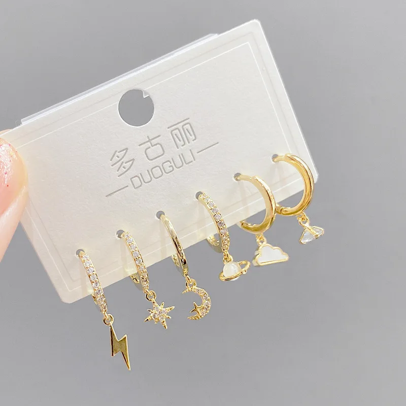 6pcs/set S925 Needle Lightning Moon Clouds Earrings Set Geometric Zircon Gold Plated For Women Punk Fashion Jewelry
6pcs/set S925 Needle Lightning Moon Clouds Earrings Set Geometric Zircon Gold Plated For Women Punk Fashion Jewelry