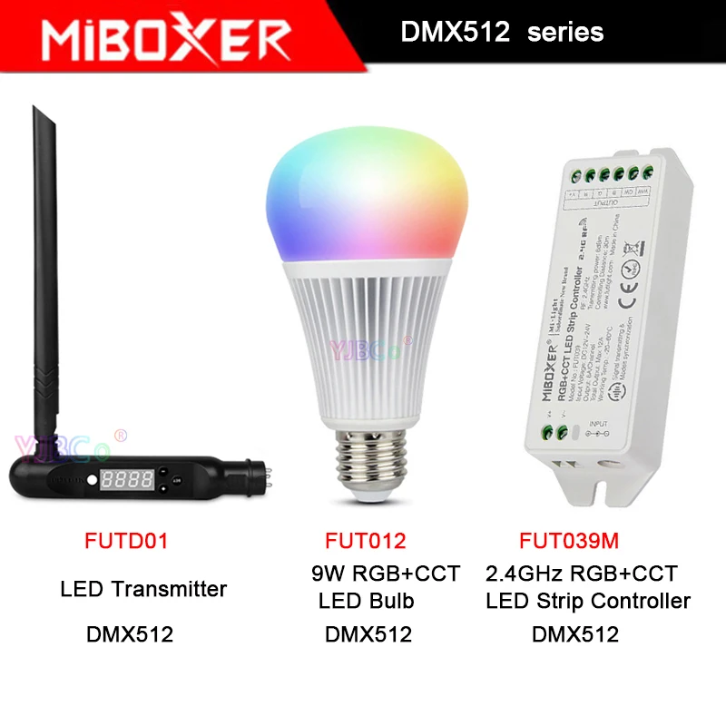 

Miboxer DMX512 control series FUT012 9W E27 RGB+CCT LED Light Bulb,FUTD01 DMX 512 LED Transmitter,FUT039M LED Strip Controller