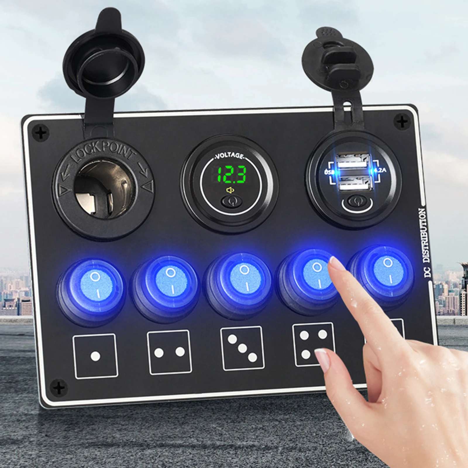 Car Switch Panel 5-Gang Switch Panel with Dual USB Port Digital Voltmeter for 12V/24V cars, ships, yachts, RVs, buses etc
Car Switch Panel 5-Gang Switch Panel with Dual USB Port Digital Voltmeter for 12V/24V cars, ships, yachts, RVs, buses etc