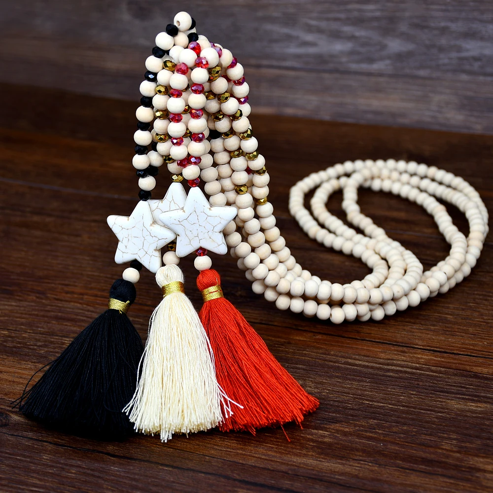 Yumfeel New Bohemian Star Necklace Jewelry Handmade Crystal Beads Tassel Wood Women Red Black White Colors |