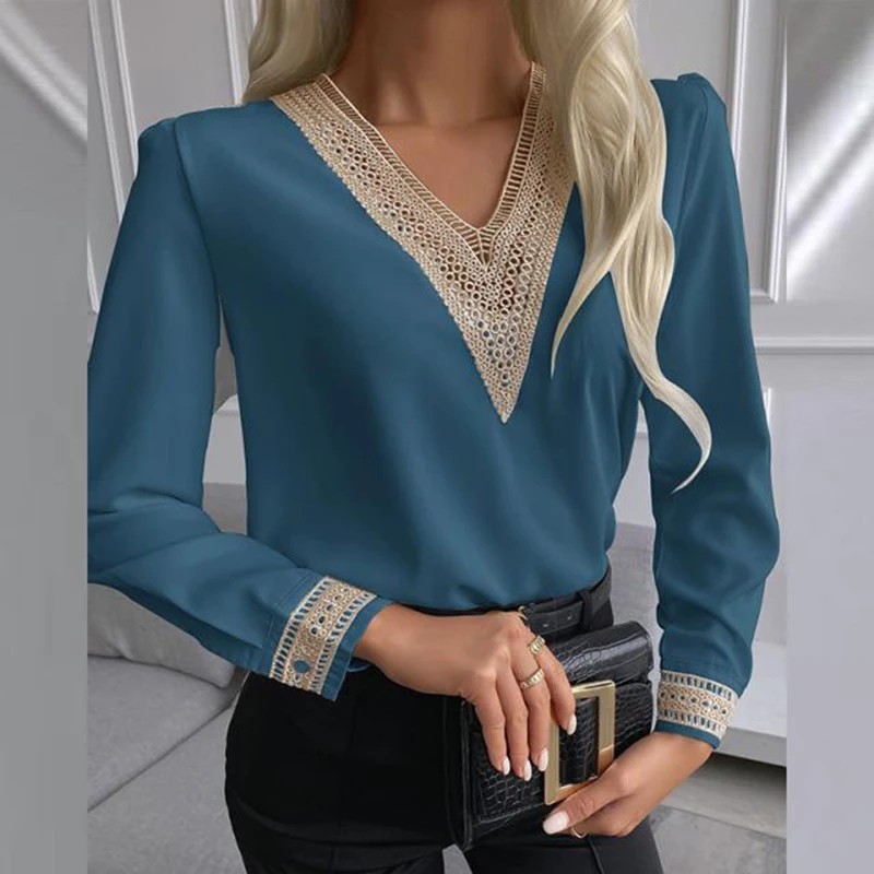Women Office Lady Lace Patchwork Slim Blouse Long Sleeve Sexy Deep V neck High Street Shirt 2021 Autumn New Fashion Women Tops
Women Office Lady Lace Patchwork Slim Blouse Long Sleeve Sexy Deep V neck High Street Shirt 2021 Autumn New Fashion Women Tops