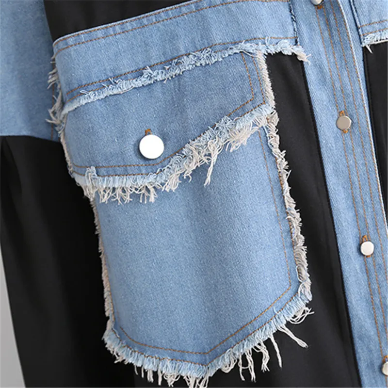 Denim Spliced Women Shirt Jacket Single Breasted Lapel Long Sleeve Fashion Jeans Shirts Coat Autumn Womens Loose Long Shirt
Denim Spliced Women Shirt Jacket Single Breasted Lapel Long Sleeve Fashion Jeans Shirts Coat Autumn Womens Loose Long Shirt