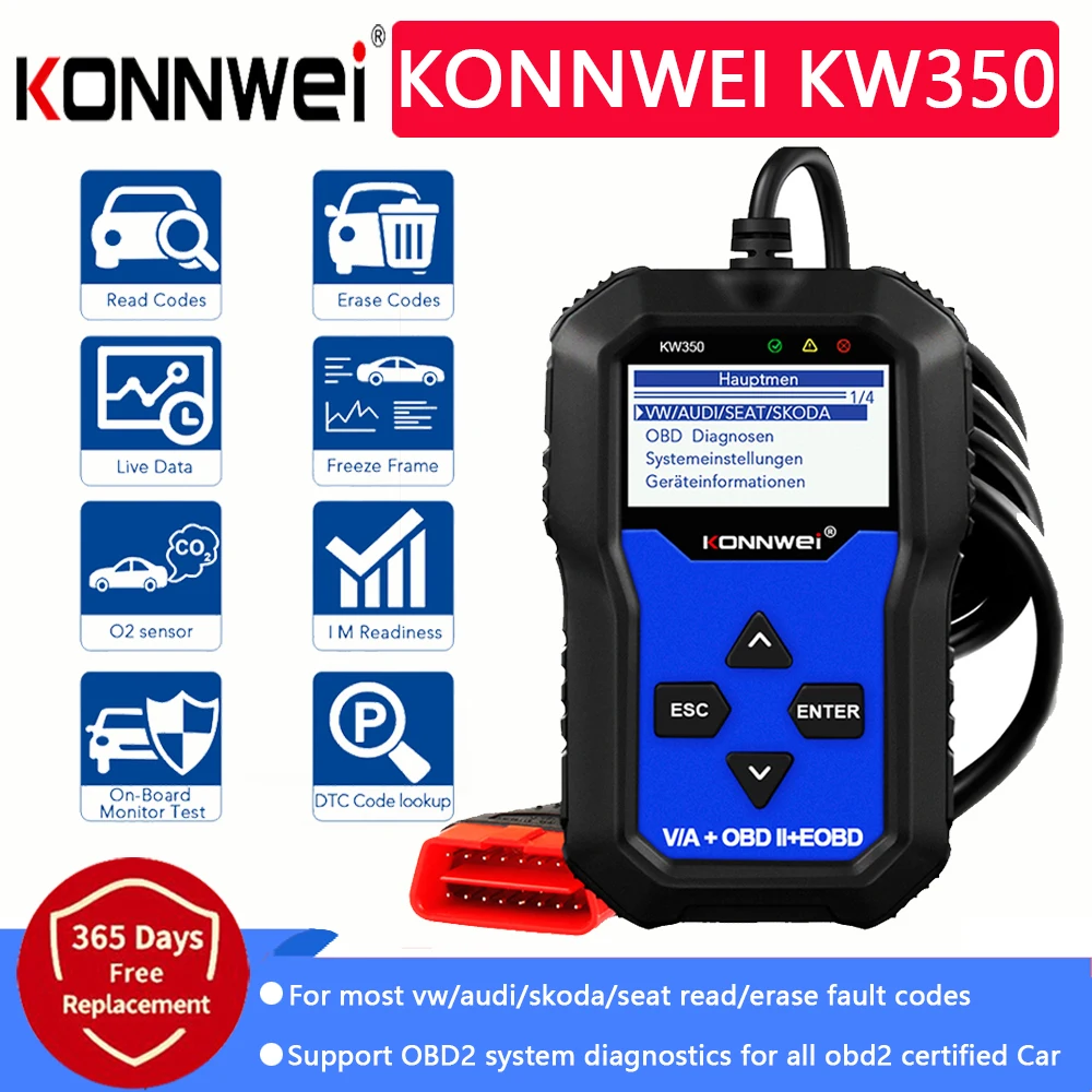 Сканер кодов KONNWEI KW350, OBD2, для автомобиля, VAG, с ABS подушкой безопасности, сбросом масла, подсветильник кой, EPB, диагностический инструмент для VW
Сканер кодов KONNWEI KW350, OBD2, для автомобиля, VAG, с ABS подушкой безопасности, сбросом масла, подсветильник кой, EPB, диагностический инструмент для VW
