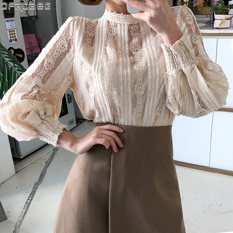 Beige Or Pink Stand Collar Lace Blouse Women Spring Summer 2020 New Korean Style See-through Lantern Sleeve Lace Top Shirt
Beige Or Pink Stand Collar Lace Blouse Women Spring Summer 2020 New Korean Style See-through Lantern Sleeve Lace Top Shirt