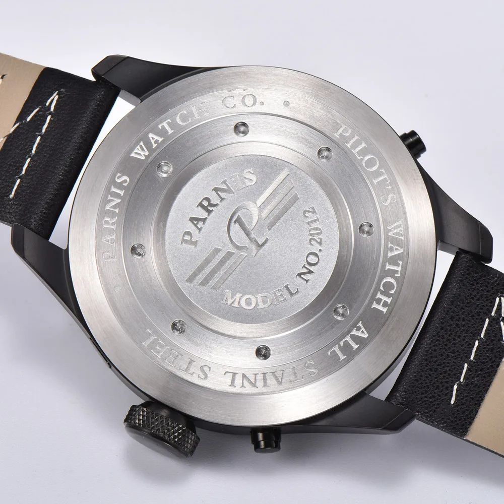 

Parnis 48mm Black Dial Mens Automatic Watch Leather Strap Calendar Week Display Skeleton Tourbillon Mechanical Wristwatch Men