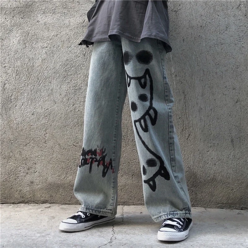 

Женские джинсы Harajuku уличная одежда хип-хоп широкие мешковатые джинсовые брюки с принтом граффити повседневные брюки с высокой талией женск...
