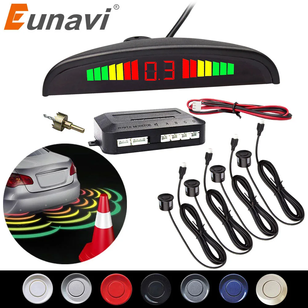 

Eunavi 1set Auto Parktronic Led Parking Sensor Kit Display 4 Sensors For All Cars Reverse Assistance Backup Radar Monitor System