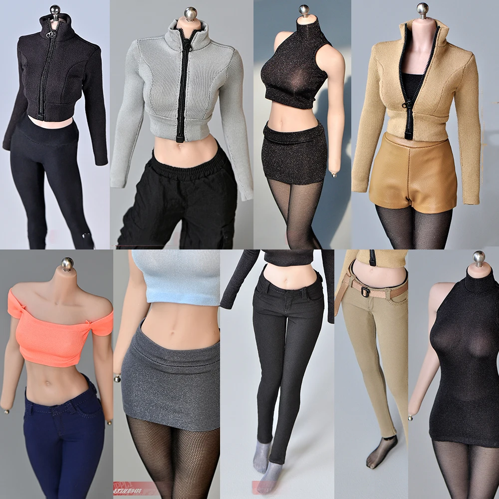 1/6 Sexy Female Clothes One-shoulder T-shirt Vest Stretch Zipper Tights Khaki Long Sleeve Top Leather shorts Pencil Trousers | Игрушки и