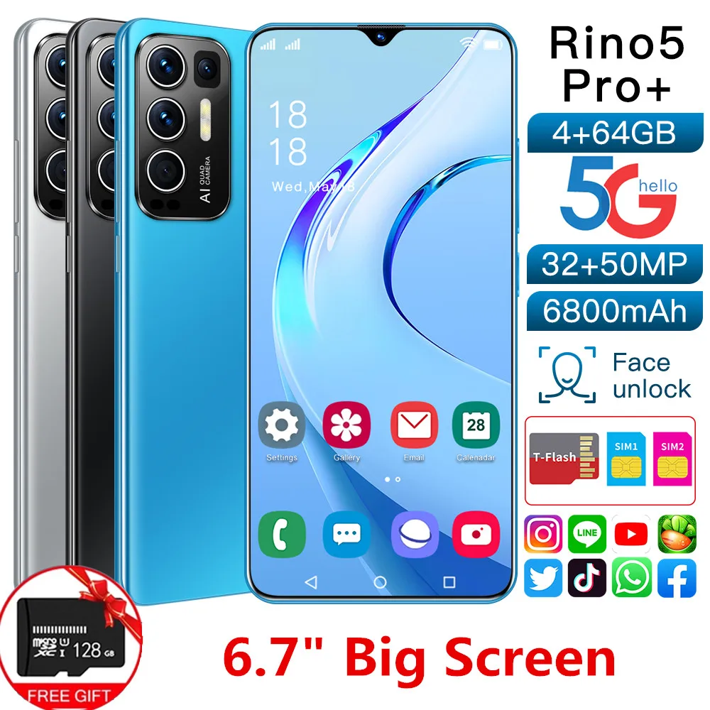 Hot New Rino 5 Pro Plus 5G 4GB 64GB ROM 6.7" Dual Sim Android Mobile Cell Phone Large Capacity Celular Smartphone Copy Reno5 Pro
Hot New Rino 5 Pro Plus 5G 4GB 64GB ROM 6.7" Dual Sim Android Mobile Cell Phone Large Capacity Celular Smartphone Copy Reno5 Pro