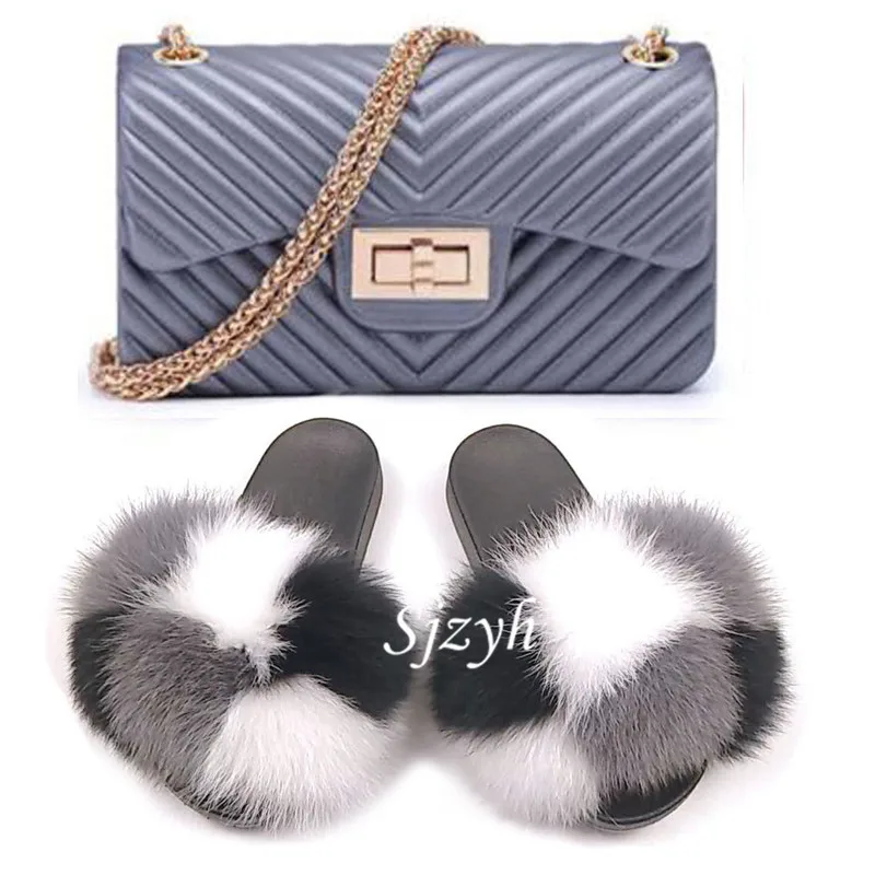 Ladies Real Fox Fur Slides Jelly Purse Women's Fluffy Fur Slippers Shoulder Bag Shoes Sets Female Chain Handbag Plush Sandals
Ladies Real Fox Fur Slides Jelly Purse Women's Fluffy Fur Slippers Shoulder Bag Shoes Sets Female Chain Handbag Plush Sandals