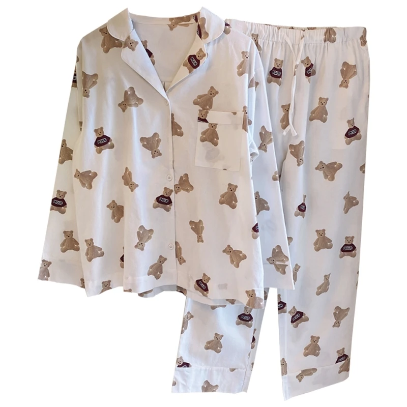 Japanese pique bear cotton peach skin pajamas women spring and autumn lovely shirt collar cardigan long sleeve suit homewear
Japanese pique bear cotton peach skin pajamas women spring and autumn lovely shirt collar cardigan long sleeve suit homewear