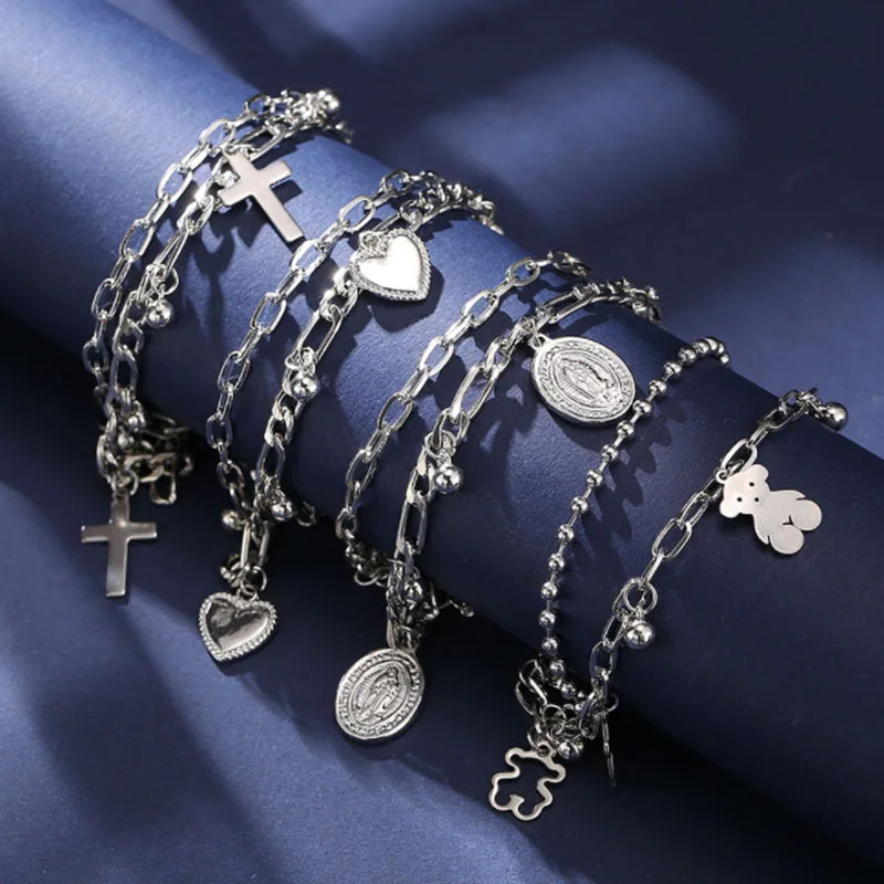 Vintage Gothic Double Layer Bear Chain Bracelets Silver Color Love Heart Cross Pendant Bracelets For Women Girls Party Jewelry
Vintage Gothic Double Layer Bear Chain Bracelets Silver Color Love Heart Cross Pendant Bracelets For Women Girls Party Jewelry