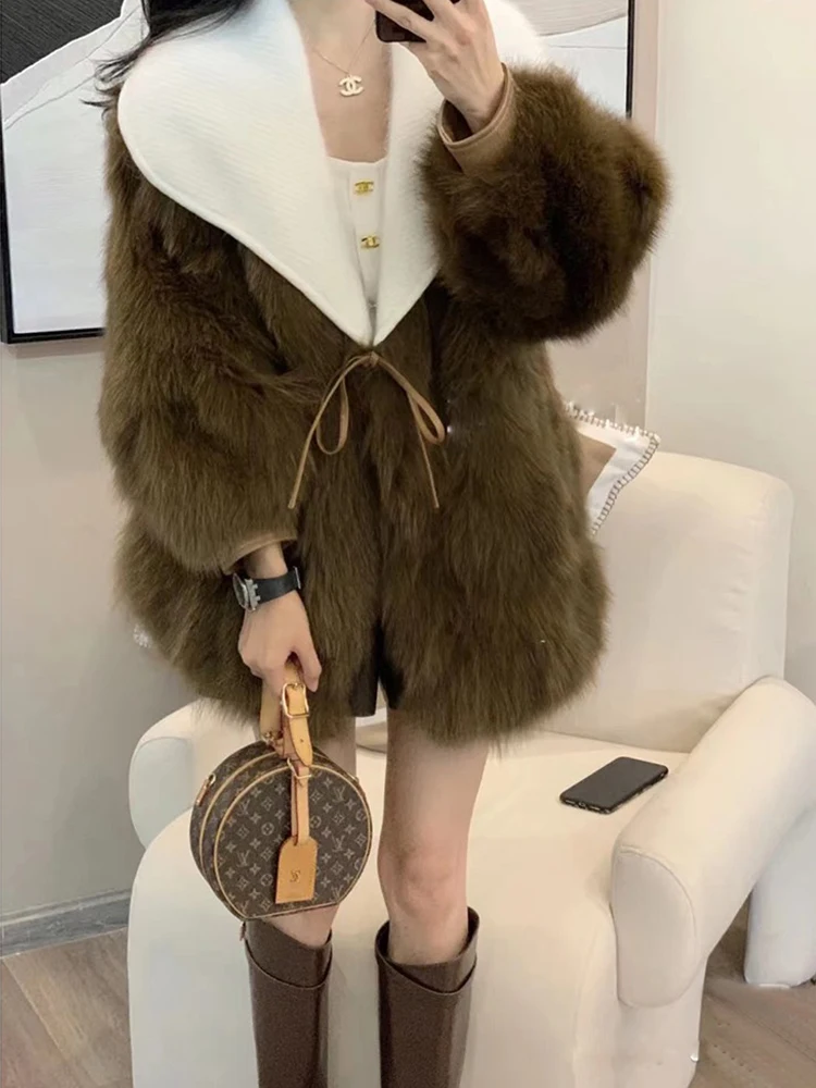 New Women's Coffee Faux Fox Fur Thick Warm Winter Coat Lace Up White Collar V-neck Outwear High Street M205
New Women's Coffee Faux Fox Fur Thick Warm Winter Coat Lace Up White Collar V-neck Outwear High Street M205