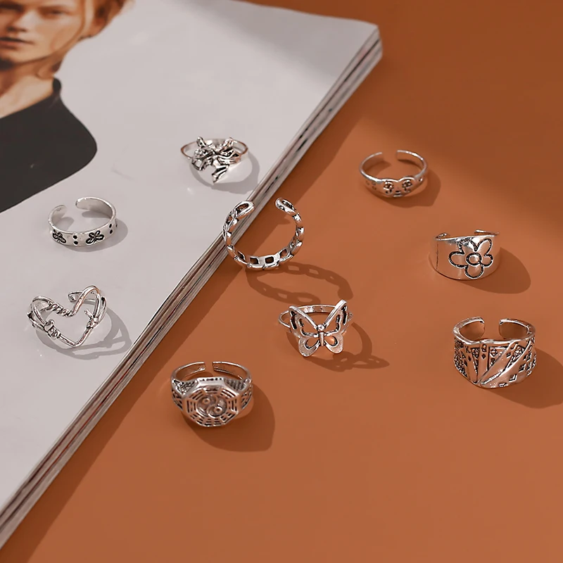 9Pcs/Set Vintage Silver Open Butterfly Elf Rings For Lady's Women Girl Retro Heart Cry Face Taiji-Bagua Alt Rings Cool Anillos
9Pcs/Set Vintage Silver Open Butterfly Elf Rings For Lady's Women Girl Retro Heart Cry Face Taiji-Bagua Alt Rings Cool Anillos
