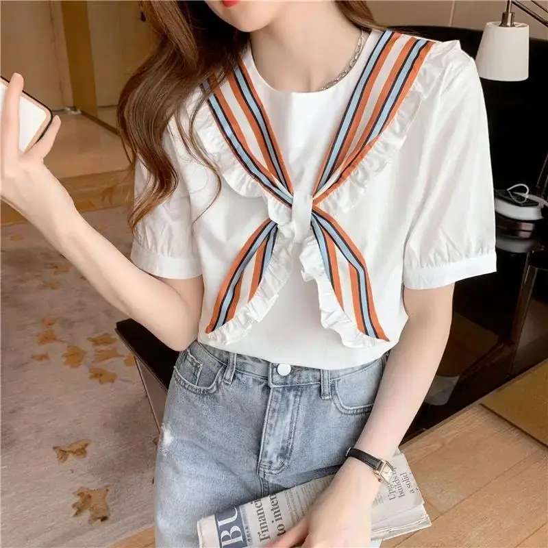 Fashion Lace-up Cute Bow Design Student Short-Sleeved Shirt Women's Tops Loose 2021 Summer New
Fashion Lace-up Cute Bow Design Student Short-Sleeved Shirt Women's Tops Loose 2021 Summer New