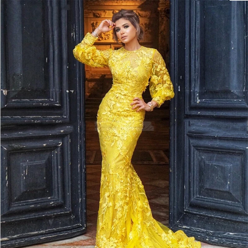 

Yellow Lace Long Sleeve Dubai Evening Dress Mermaid 3D Flora Arabic Celebrity Prom Dresses Plus Size Long Formal Party Gonws