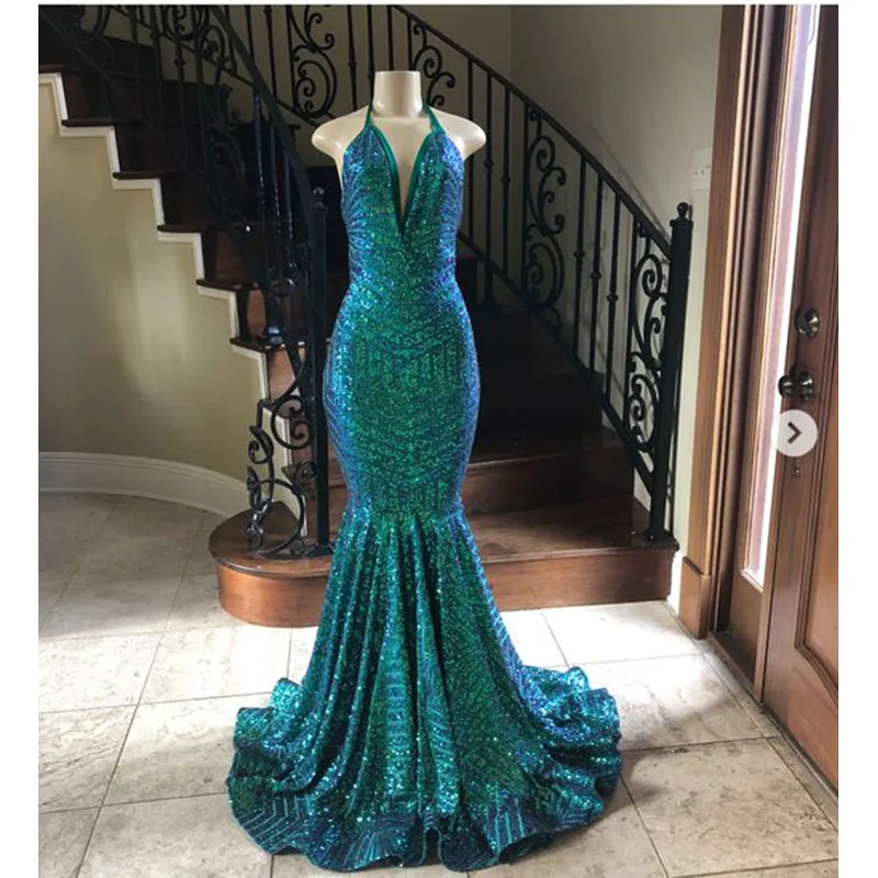 Sexy Sequined Long Mermaid Prom Dresses New Sleeveless Sweep Strain V Neck Halter Formal Evening Gowns Party Dress
Sexy Sequined Long Mermaid Prom Dresses New Sleeveless Sweep Strain V Neck Halter Formal Evening Gowns Party Dress