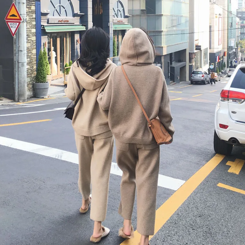 

Knitted Carrot Pant 2 Piece Sets Argyle Cropped Hooded Women Sweater + Big Pocket Harem Pants Two Piece Women Tracksuits
