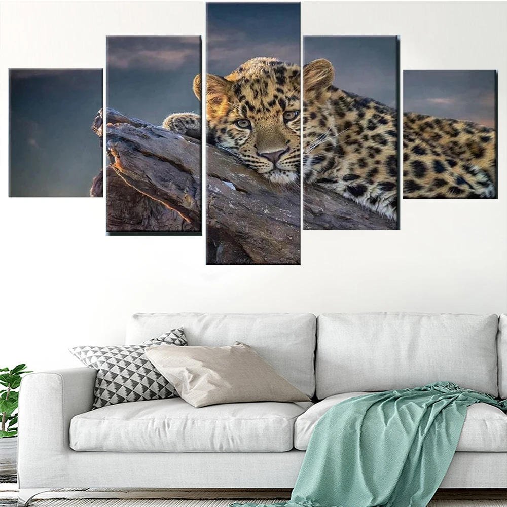 

5 Pieces Wall Art Canvas Painting Animal Poster Leopard On Tummy Modern Living Room Home decoration Modular Framework Picture