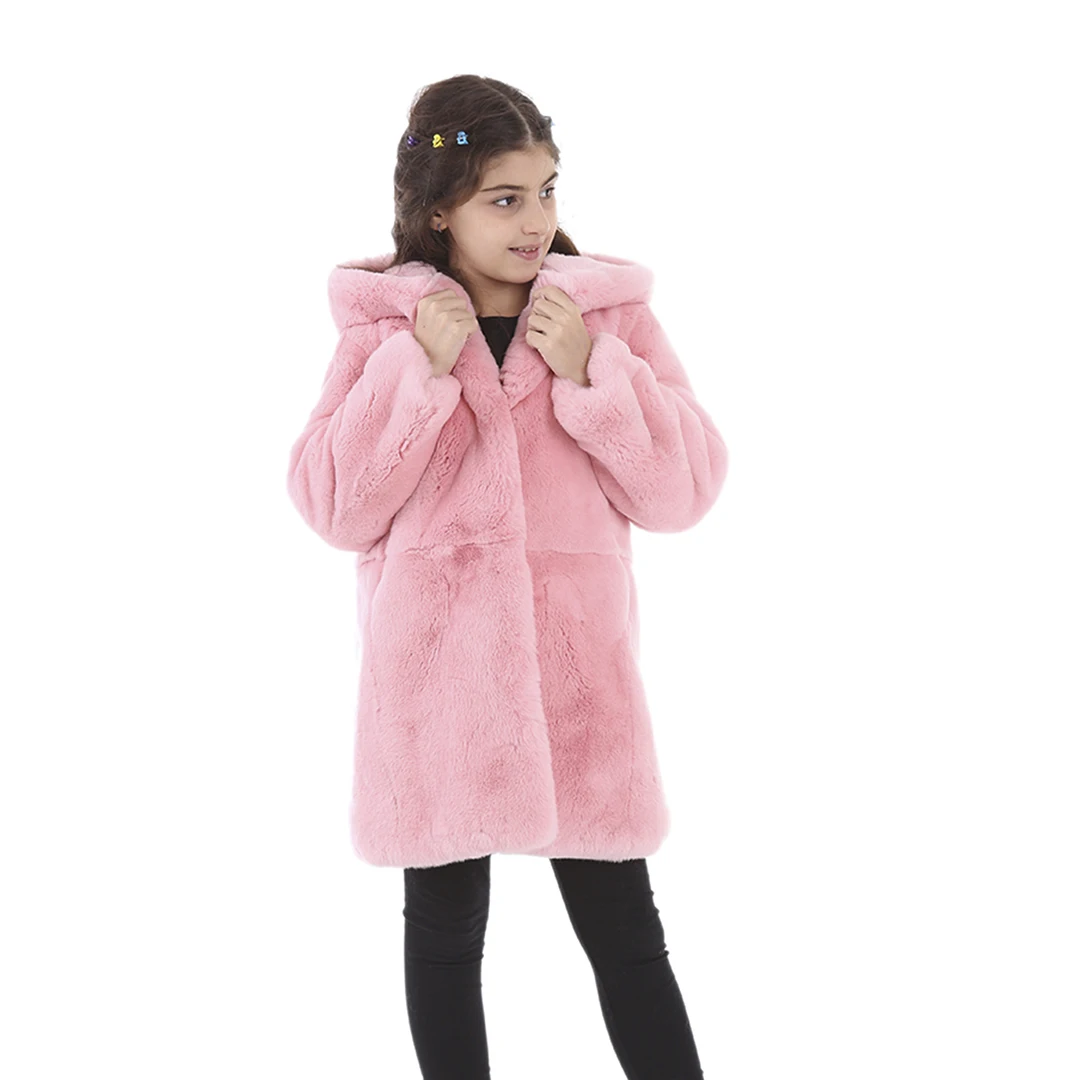 

Modaqueen Store Girl Pink and Blue Color Orylag Rex Rabbit Fur Jacket Softness and Sweetness With Ice Cream Figure 305-D