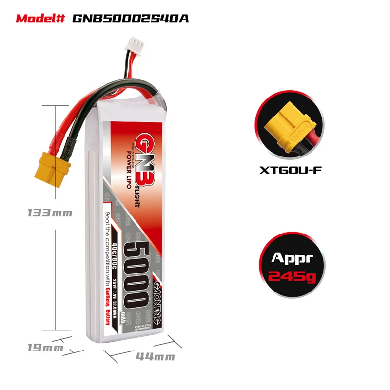 2Pcs/set Gaoneng GNB 3S 7.4V RC LiPo Battery 5000mAh 40C MAX 80C For RC Quadrotor Airplane FPV Racing Drone Parts
2Pcs/set Gaoneng GNB 3S 7.4V RC LiPo Battery 5000mAh 40C MAX 80C For RC Quadrotor Airplane FPV Racing Drone Parts