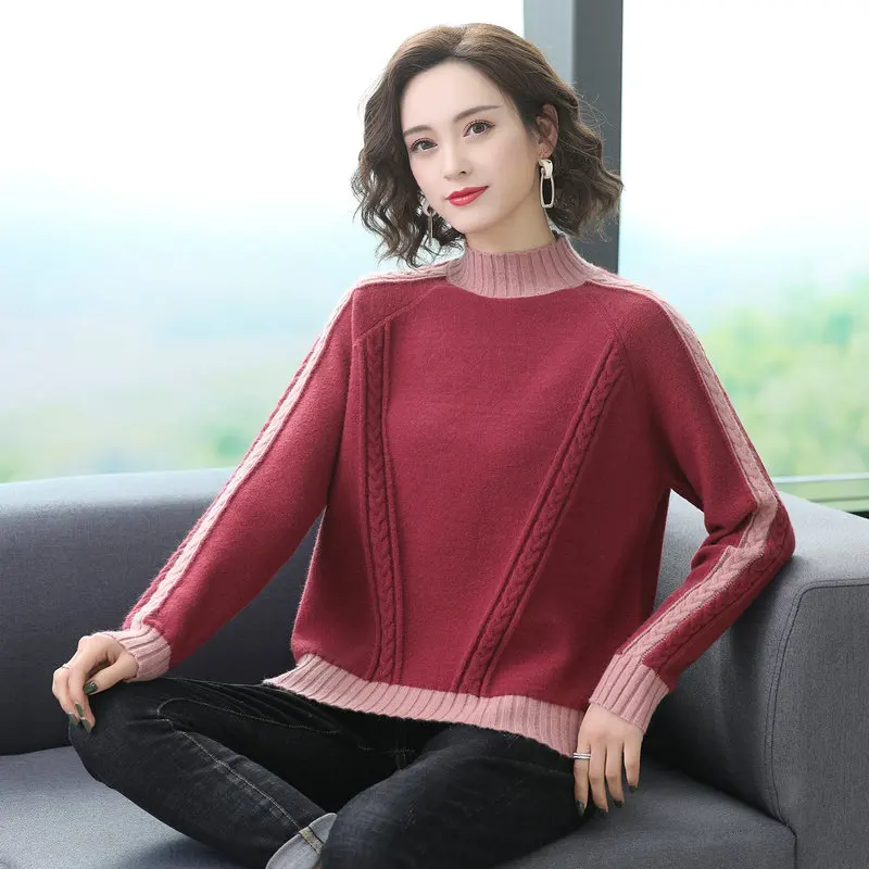 

Autumn Winter Women Chic Wool Sweater Red Camel Gray Cable-Knit Pull Top Mock Neck Raglan Sleeve Patchwork Soft Cozy Knitwear