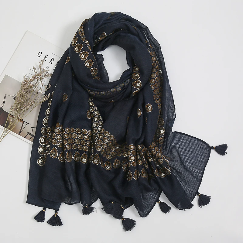 

Women Autumn Navy Blue Abstract Floral Cotton Shawl Scarf High Quality Print Wrap Pashmina Snood Bufandas Muslim Hijab 180*85cm